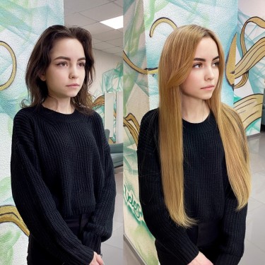 Окрашивание, наращивание волос 160 капсул 55см, стрижка.